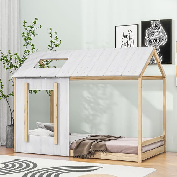slide 2 of 9, Brown Twin Size Solid Wood House Platform Bed with Roof and Window Natural+White