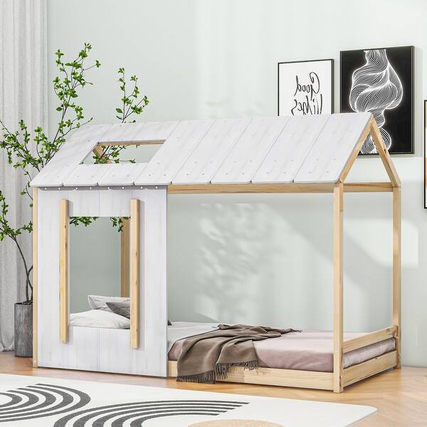 slide 2 of 9, Twin Size Kids House Bed with Roof and Window, Wood Floor Bed Frame Cabin Fun Playhouse Bed for Girls, Boys, Children, Antique Antique Grey+Antique White - Twin