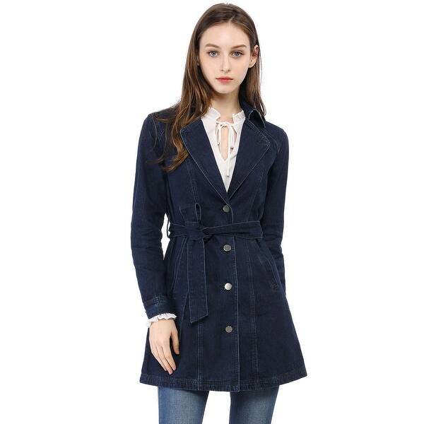 Shop Women S Notched Lapel Belted Trench Long Jean Denim Jacket Overstock 29037158