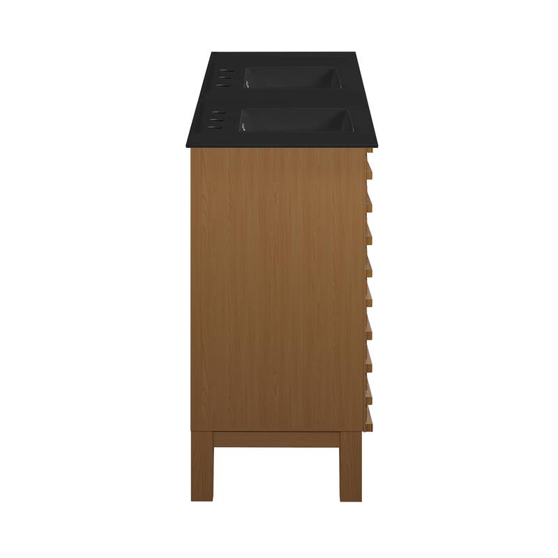 Cascade 48 In. Brown Oak, Double Basin Bathroom Vanity With Black, 3-Hole Ceramic Sink Top