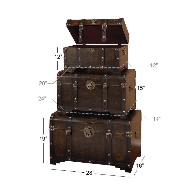 Wooden Nesting Upholstered Trunk with Vintage Accents and Studs - Set of 3 Brown - Roche River Decor - 16"Wx28"Lx19"H