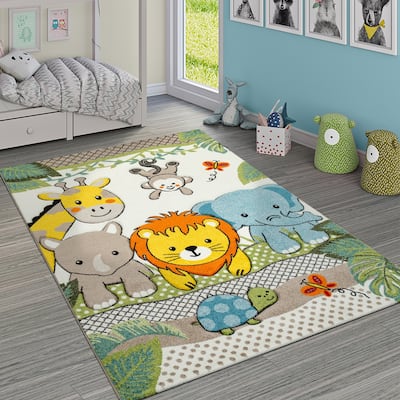 Kids Room Rug Cute Zoo Animals Jungle in 3D Effect for Nursery