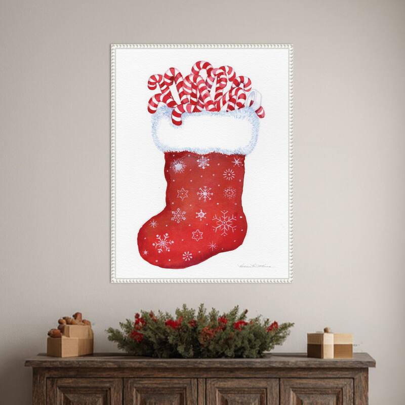 Candy Cane Stocking by Kathleen Parr McKenna (23 x 30 in.), Framed Canvas Wall Art Print - Sylvie Beaded White