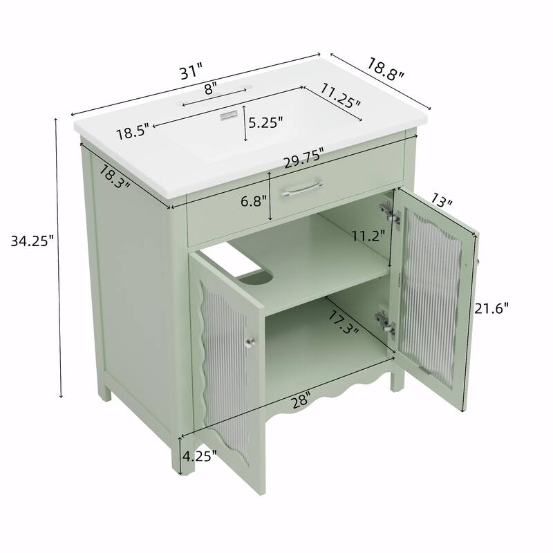 31" Bathroom Vanity with Tempered Glass - Modern Cabinet with Rubber Wood Legs and Soft-Close Doors