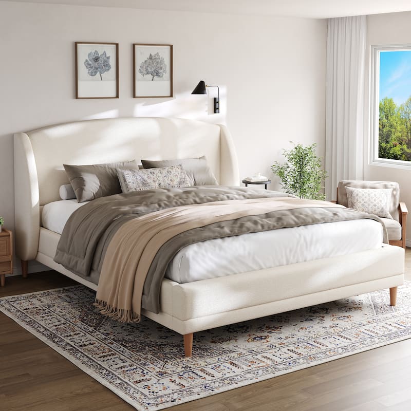 Boucle Upholstered Platform Bed with Rounded Corner Wingback Headboard
