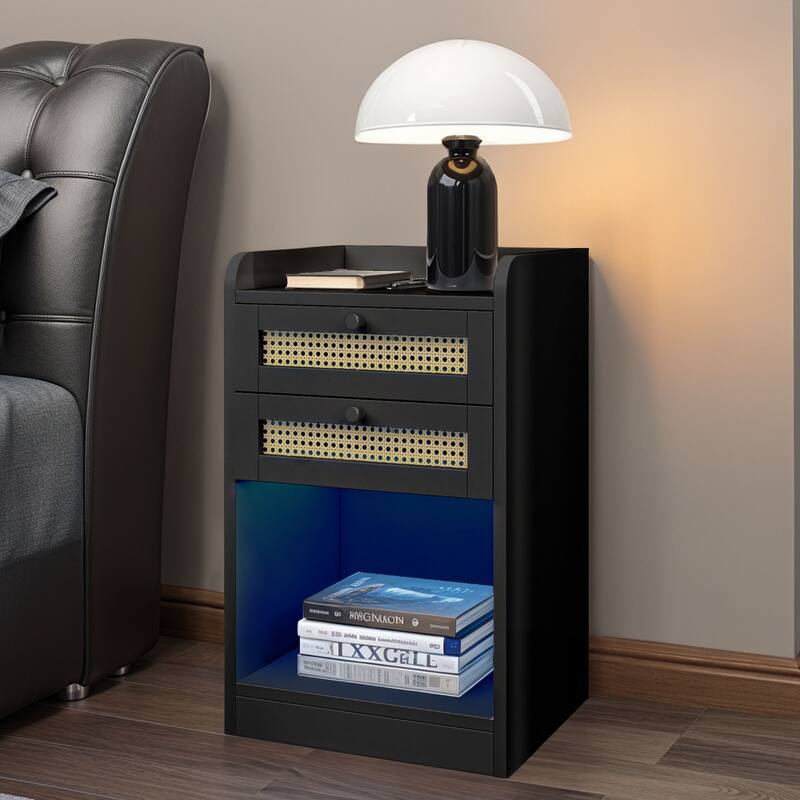 Moasis Rattan Set of 2 Nightstand with Charging Station LED Lights