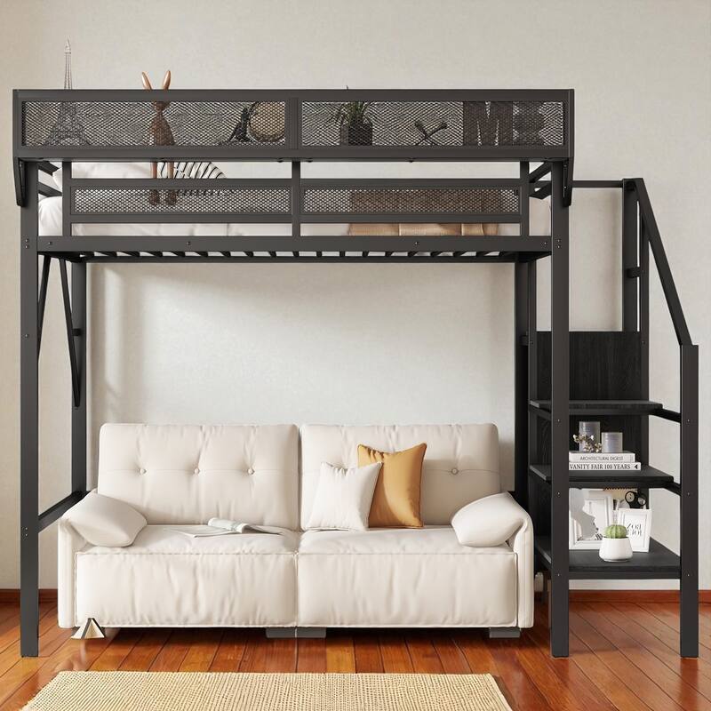 Twin Size Loft Bed with Stairs and Storage Shelves, Metal High Loft Bed with Wardrobe for Kids and Teens