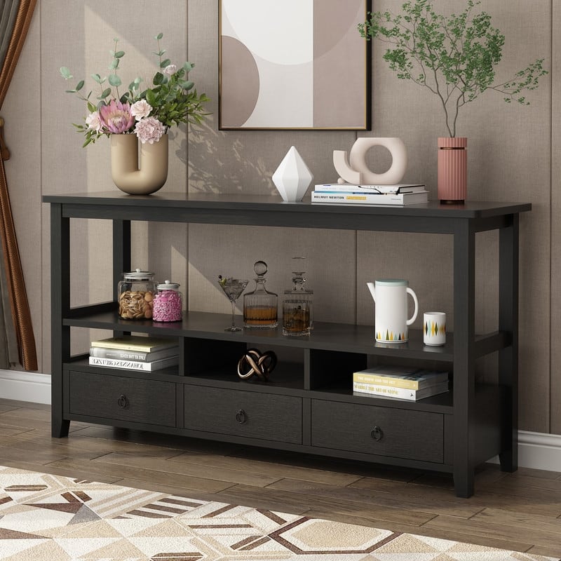 3 Tier Vintage Console Table with 3 Drawers and Shelves - Black