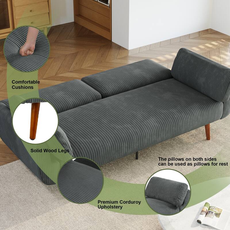 73" W Upholstered Corduroy Convertible Sleeper Sofa Bed with Pillows