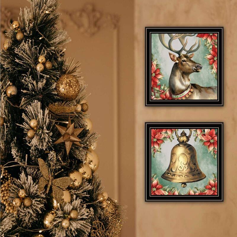 2-Piece Framed Wall Art Set - Old World Reindeer & Bell, Black Frame