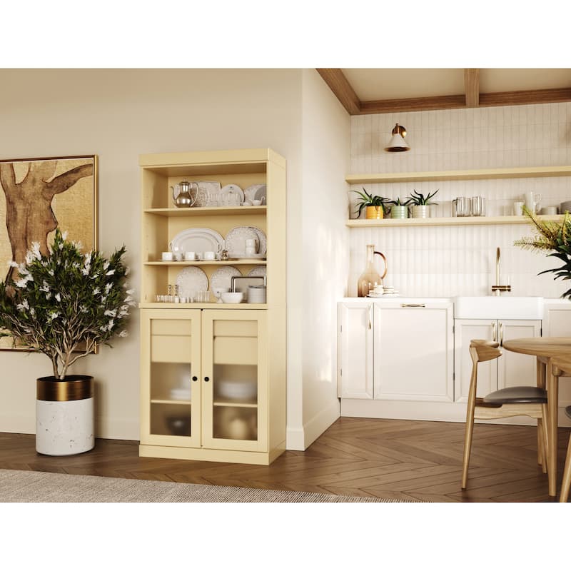 Palace Imports 100% Solid Wood Pantry Cabinet with Frosted Glass Doors, 2-Drawers and Adjustable Shelves - 32" x 71.5"