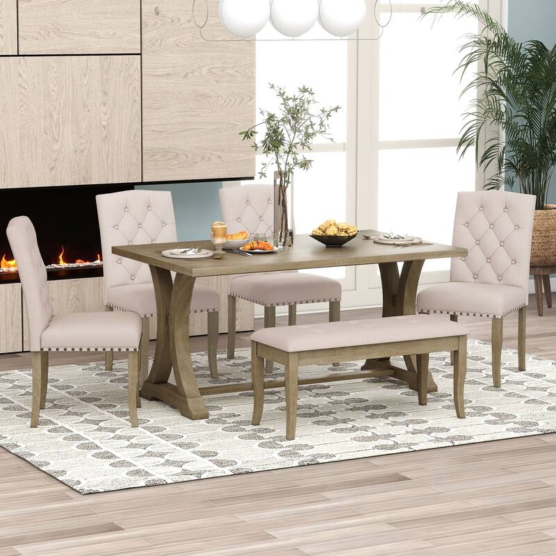 Home Party Dining Table and Chair Sets Rectangular Dining Table and Chair Sets with Nailhead Button Tufting Chairs for Kitchen - Natural