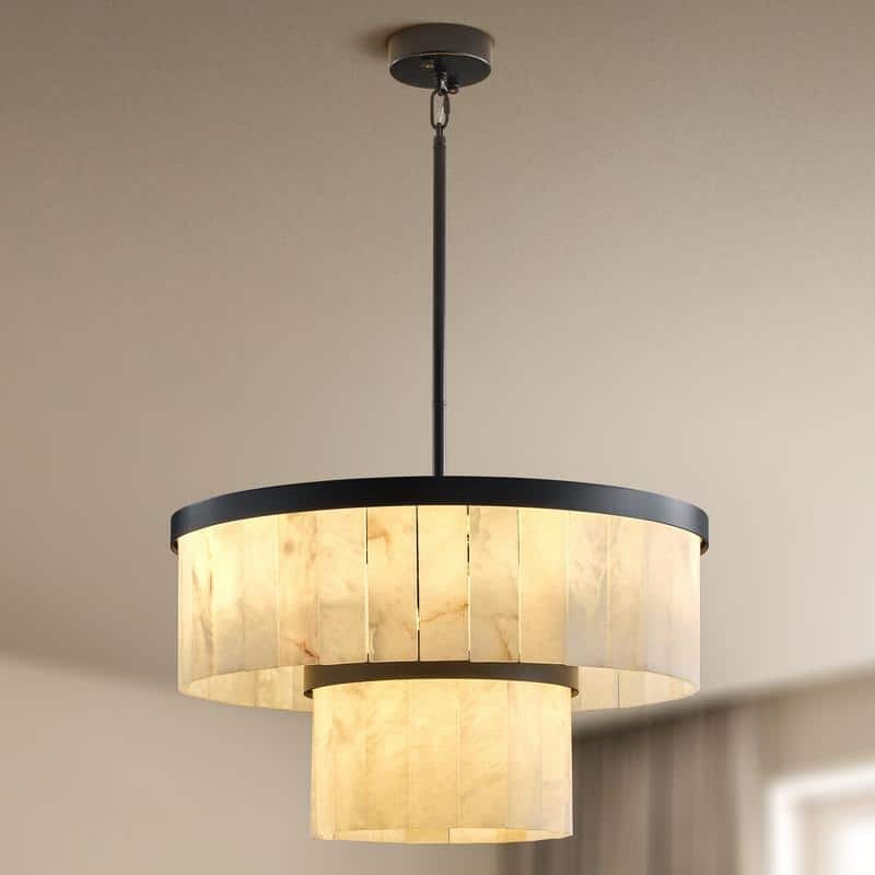 Elegant layered alabaster chandelier with natural stone panels - 24in - Black