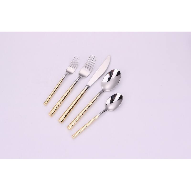 20 Pc Flatware Set Silver With Graduated Gold Pebbled Handles - Service For 4