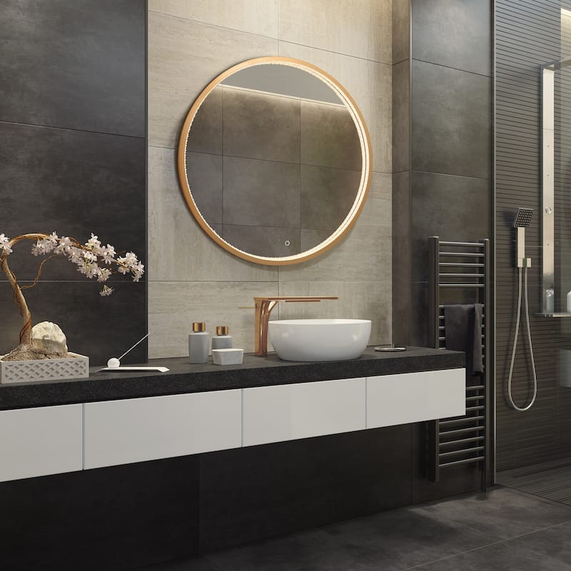 Luxury LED Wall Mirror Dimmable Bathroom Vanity Anti-fog Mirror - Black/Dark Gold - 36'' H X 2'' W