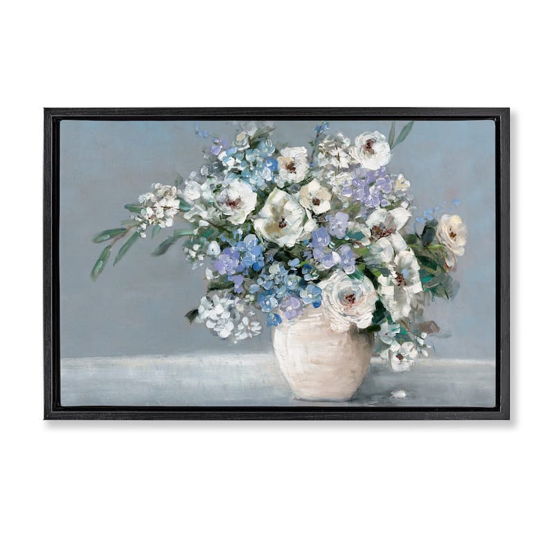 Stupell Elegant Blooms on Blue Framed Floater Canvas Wall Art Design By Sally Swatland - 25 x 17 - Black