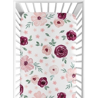 Burgundy and Pink Watercolor Floral Girl Fitted Crib Sheet - Blush Maroon Wine Rose Green and White Shabby Chic Flower Farmhouse