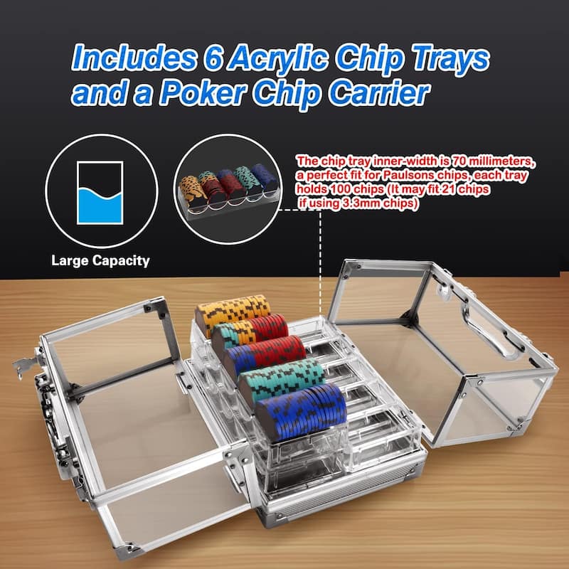 GSE™ 600pcs Aluminum Poker Chip Cases, 600ct Acrylic Poker Chips Carrier with 6 Poker Chip Trays - Clear