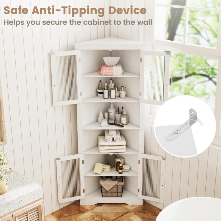 White MDF and Tempered Glass 6-Tier Corner Cabinet with Adjustable Shelves - 26" x 14" x 67" (L x W x H)