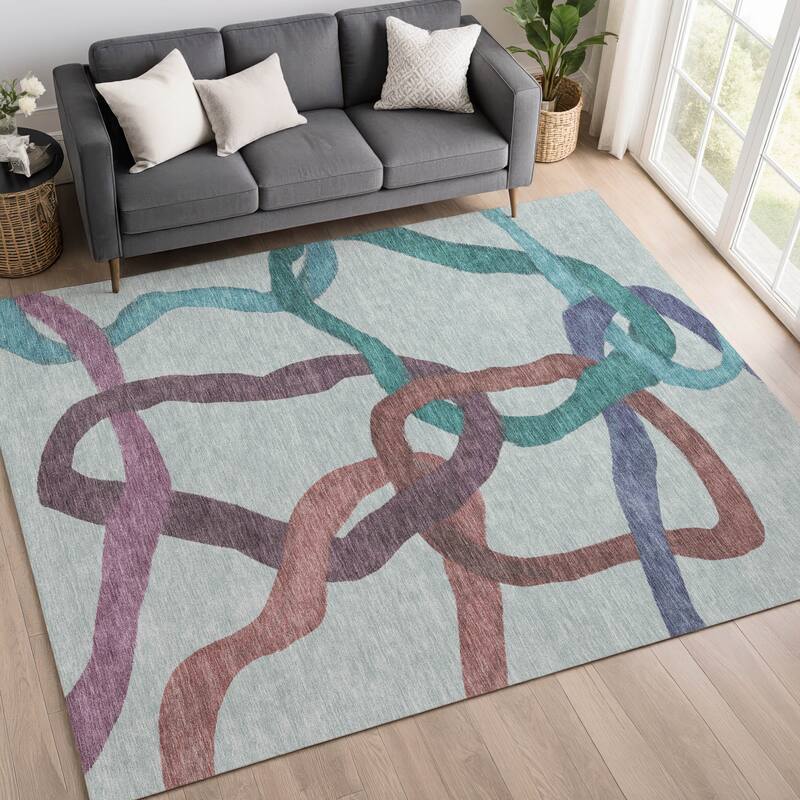 Machine Washable Indoor/ Outdoor Abstract Links Chantille Rug