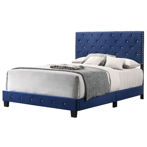 Offex Wooden Suffolk Navy Blue Queen Panel Bed with Slat Support