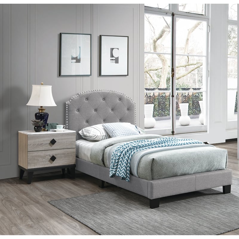 Light Gray Burlap Twin Bed with Nailhead Trim & Button Tufted Design!