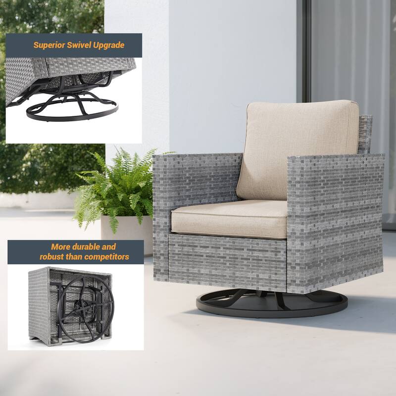 BONOSUKI 3Pcs Patio Swivel Rocking Sofa Set Grey Rattan w/Side Table