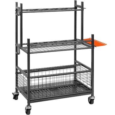 16 Slots Garden Tower Tool Organizer Rack with 5 Movable Hooks and Lockable Swivel Wheels - 25.66 x 15.86 x 38.5 in