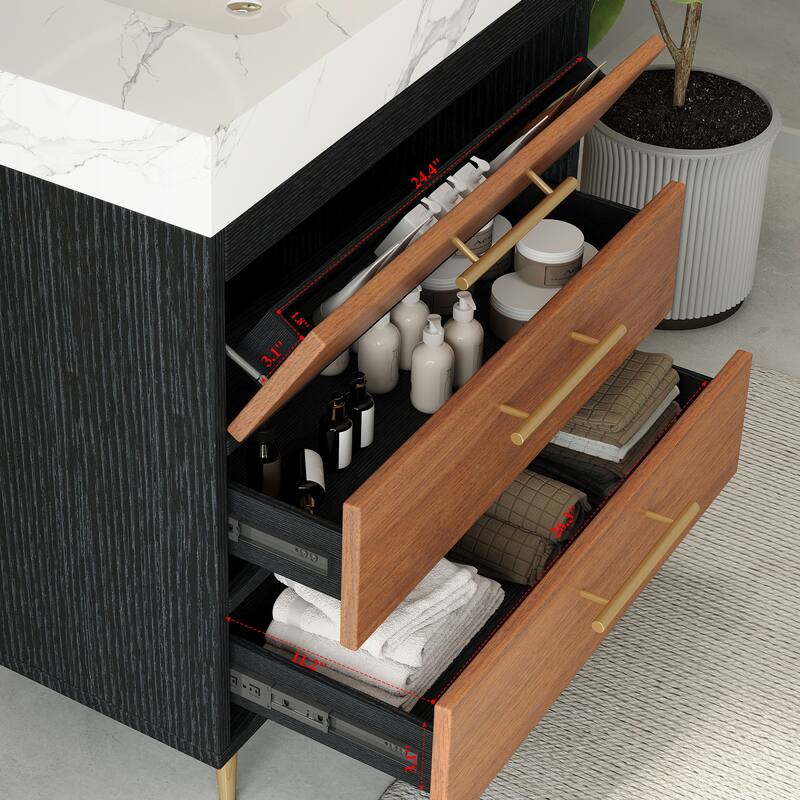 GDFStudio - Athens Modern 29.9" Freestanding Bathroom Vanity with Sintered Stone Top, Ceramic Vessel Sink & Stainless Steel Legs