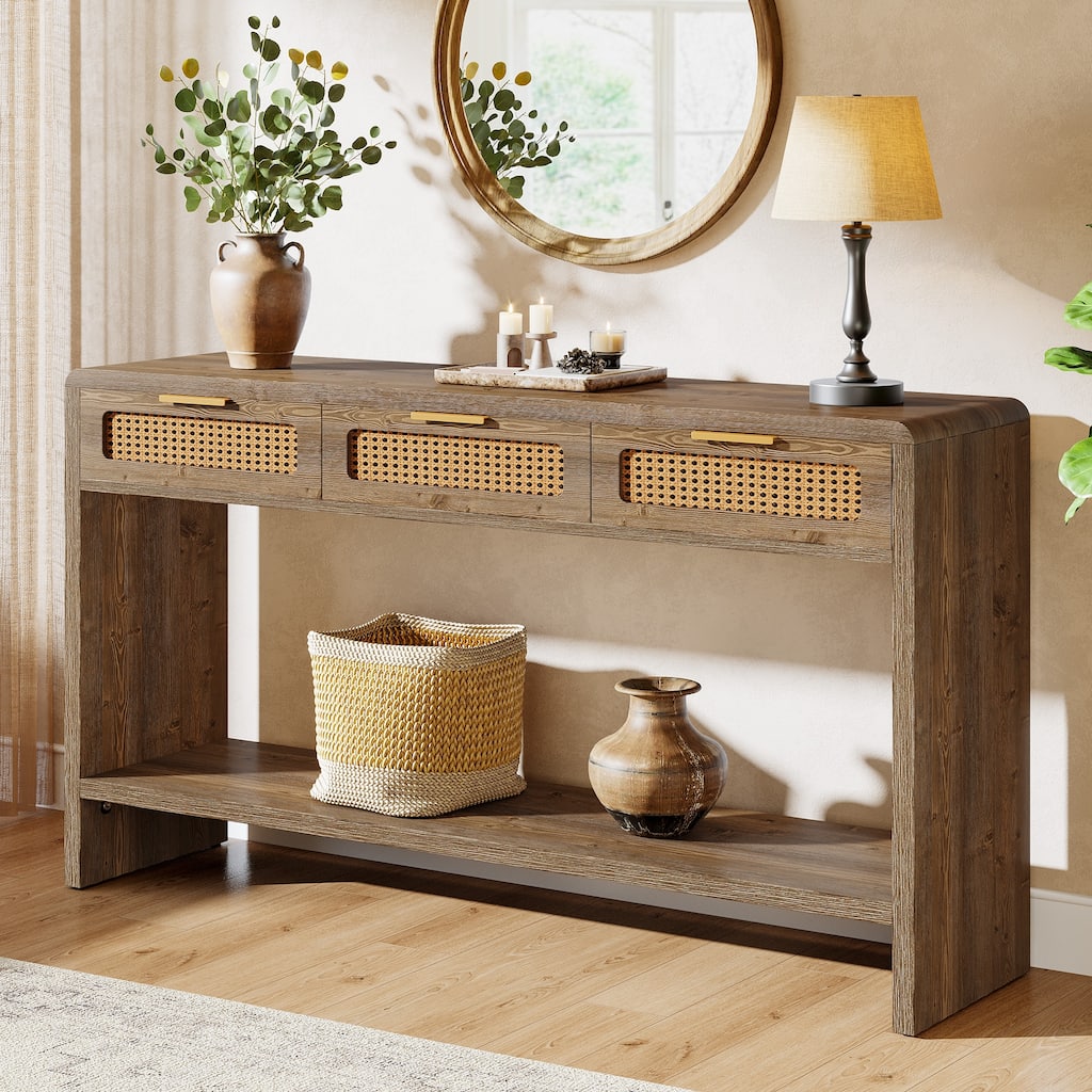 2-tier Entryway Table with Drawers, Console Sofa Table for Living Room - 13.78" D x 55.12" W x 32.68" H