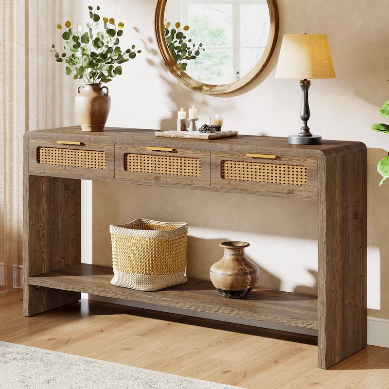 55" Narrow Console Sofa Table with 3 Rattan Drawers and 2-tier Storage Shelf - 13.78" D x 55.12" W x 32.68" H