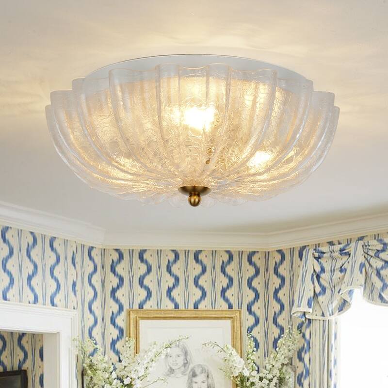French Textured Frosted White Glass Scalloped Round Ceiling Light