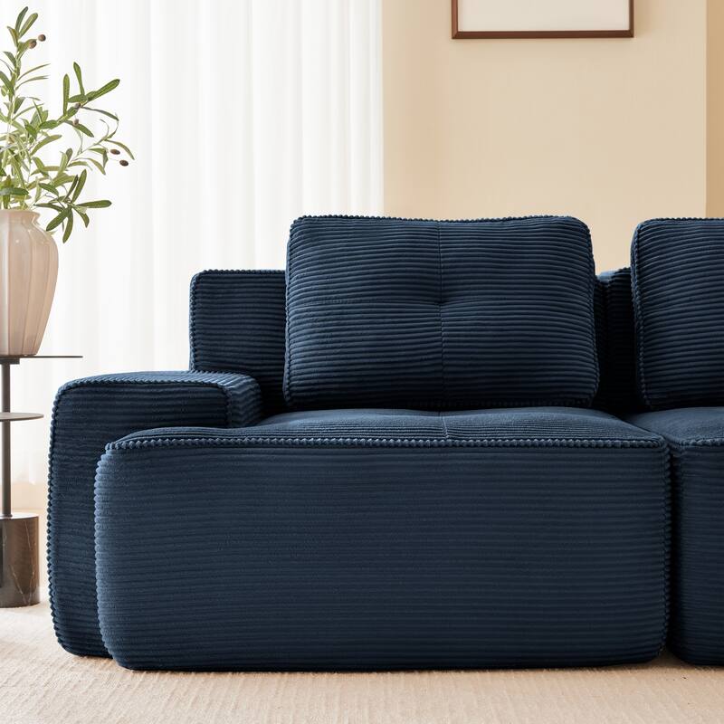 L-Shaped Sectional Couch with Ottoman, Oversized Modular Corduroy Sofa