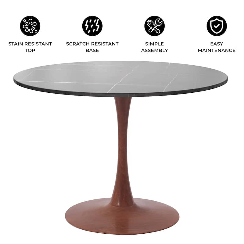 Bristol 36" Round Dining Table with Marbled Grey Sintered Stone Top and Steel Pedestal Base