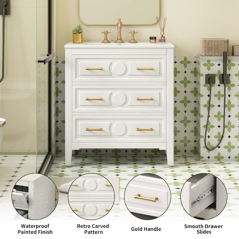 GDFStudio - Wimborne Retro Freestanding Bathroom Vanity with Ceramic Sink and 3 Storage Drawers - 30'W