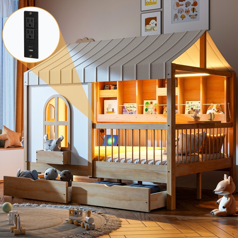 Full Size House Bed with 2 Large Drawers, Side Bookshelf with LED Strip