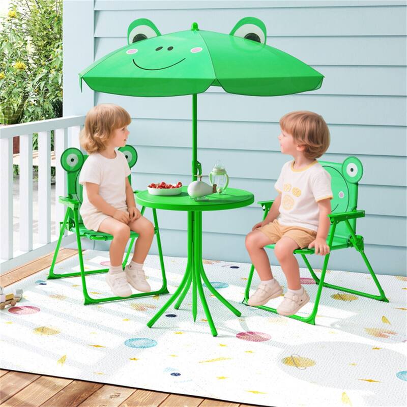 Kids Outdoor Picnic Table and Chair Set with Adjustable Umbrella Lion Pattern Foldable Table and Chairs for Ages 2-5