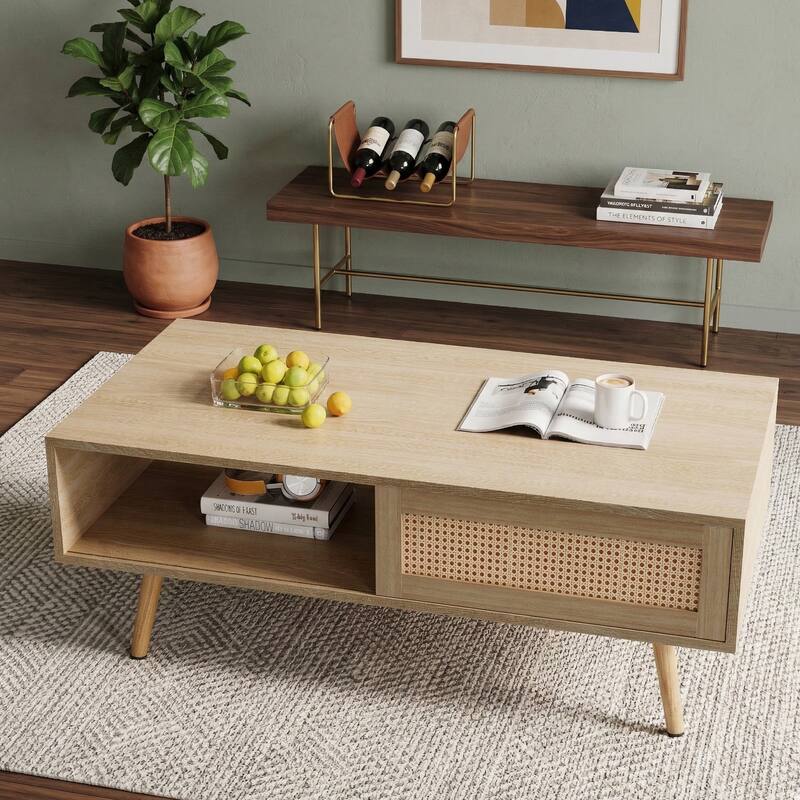 Anmytek Rattan Coffee Table with Storage Modern Walnut Living Room Centerpiece Organizer