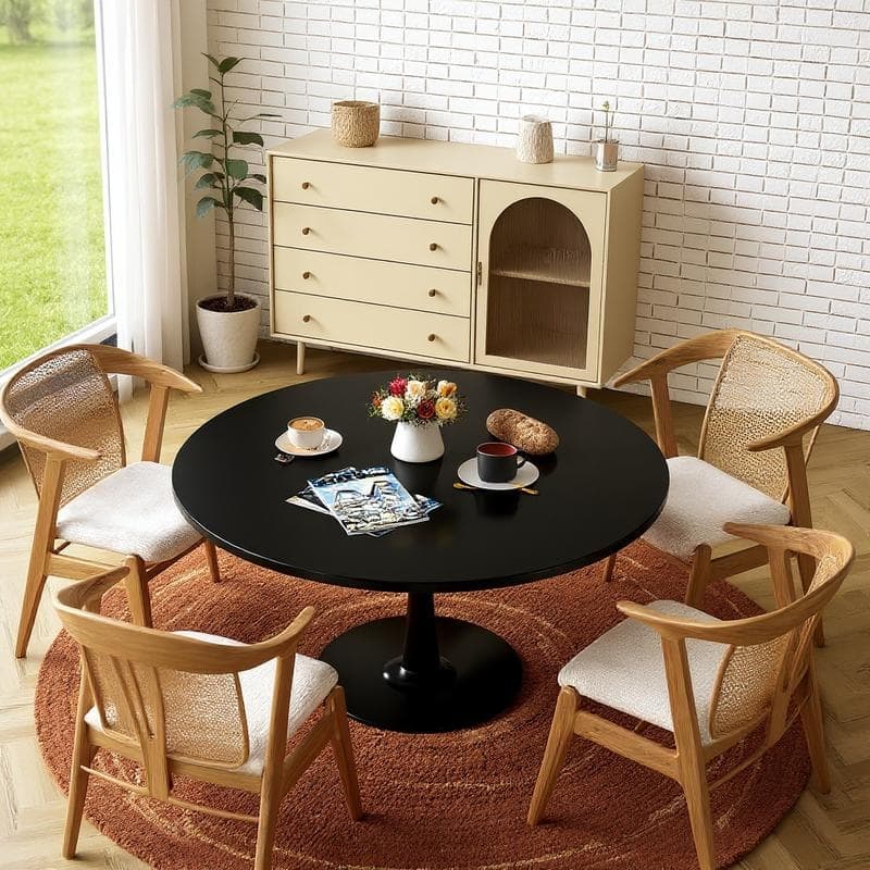 Grondin Mid-Century Modern Round Kitchen or Dining Table with Premium MDF Top and Steel Pedestal Base for Dining Room