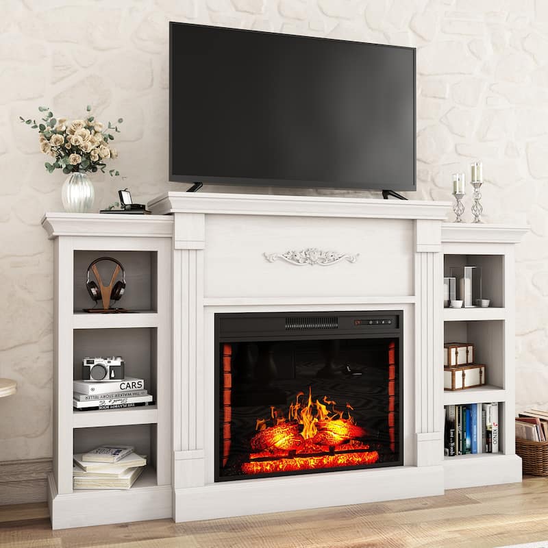 70" Wood Classical Fireplace TV Stand with 28" Electric Fireplace