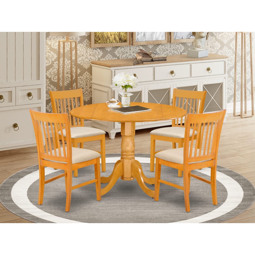 East West Furniture 5 Piece Modern Dining Table Set - a Round Wooden Table with Dropleaf and 4 Dining Chairs, Oak (Seat Options)
