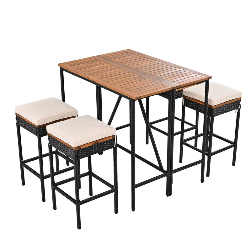 5-Piece Outdoor Acacia Wood Bar Height Table And Four Stools With Cushions