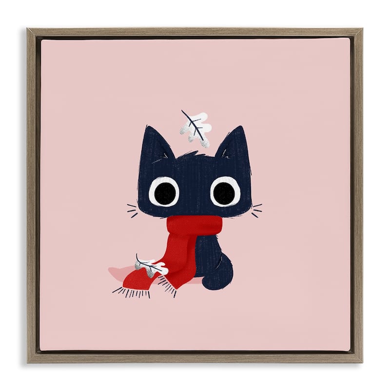 Stupell Little Kitten in Scarf Framed Floater Canvas Wall Art Design By Sarah Hickman - 18 x 18 - Brown