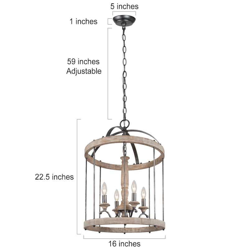 Loby Farmhouse Solid Wood Drum Chandelier 4-light Dimmable Candle Pendant Lights for Entryway - D16 "xH22.5"