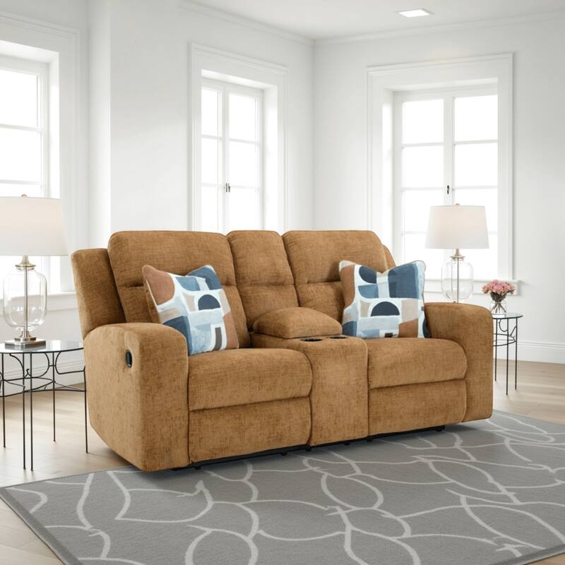 Damon Double Reclining Loveseat, Camel Brown Polyester, 2 Pillow