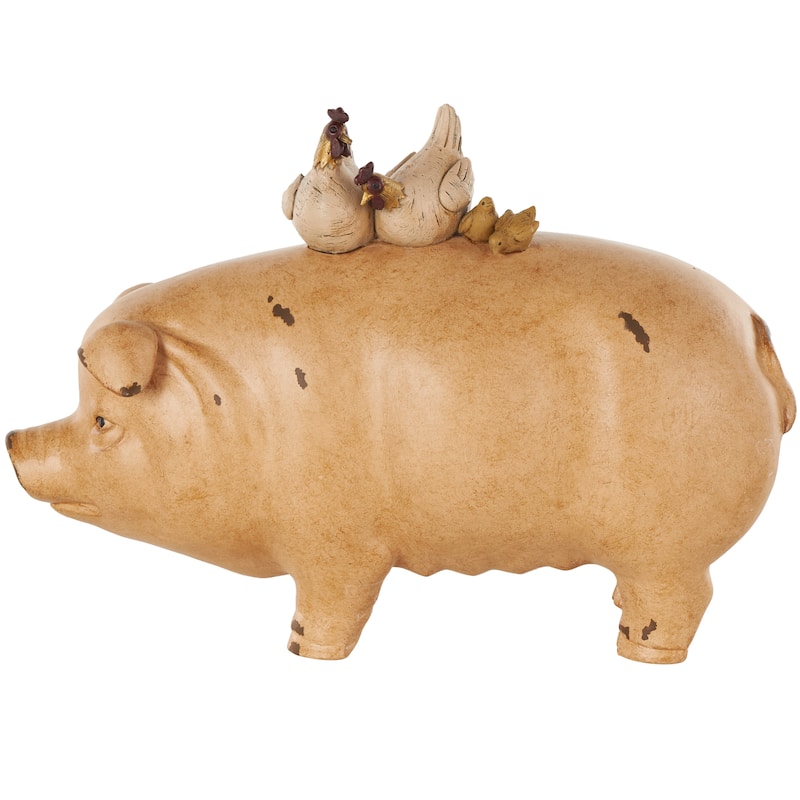 Light Brown Resin Pig Decorative Sculpture with Roosters and Chicks - 6"W x 15"L x 11"H