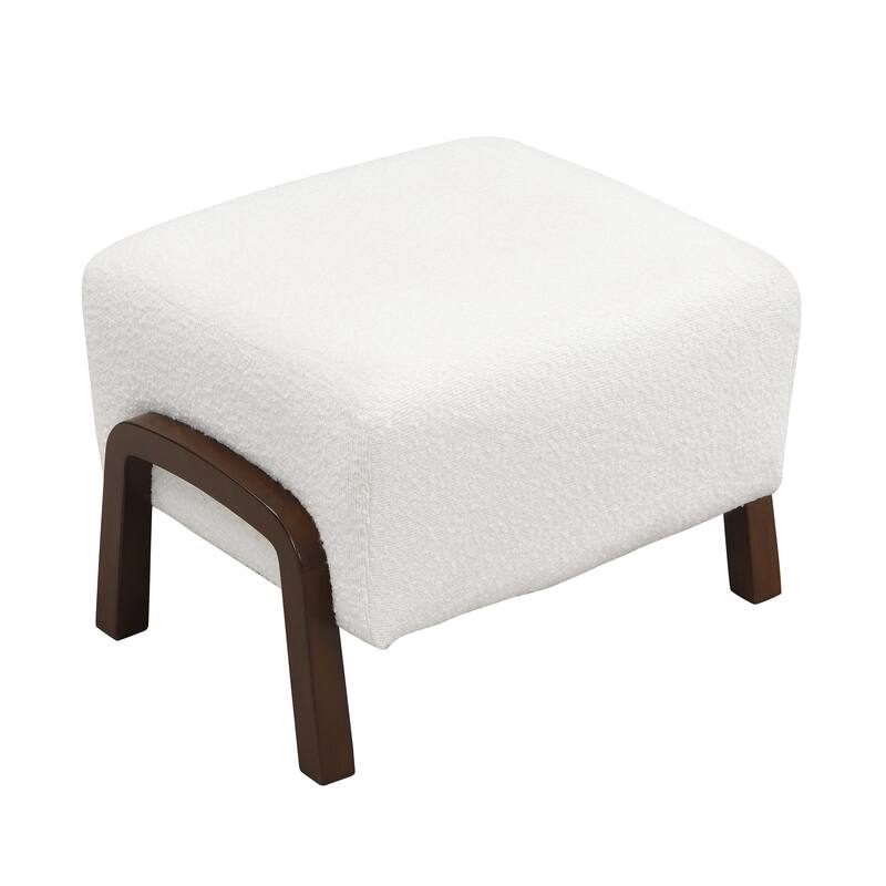 Roomfitters Upholstered Boucle Ottoman with Curved Wooden Legs, Modern Accent Footrest or Stool