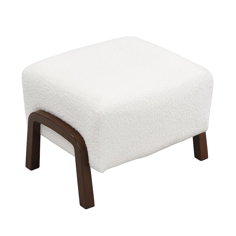 Upholstered Ottoman, Wooden Legs, White, Boucle