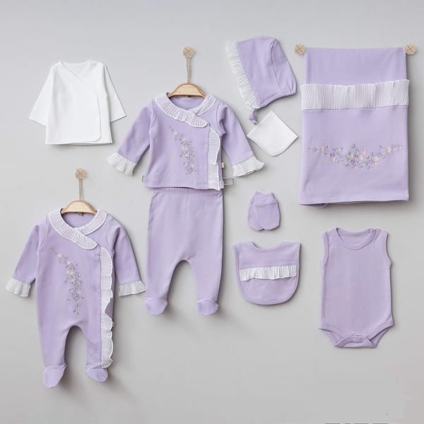 slide 2 of 3, Baby Girl Newborn Going Home Set - Floral Embroidery and Lace Trim - 10 Pcs Lilac