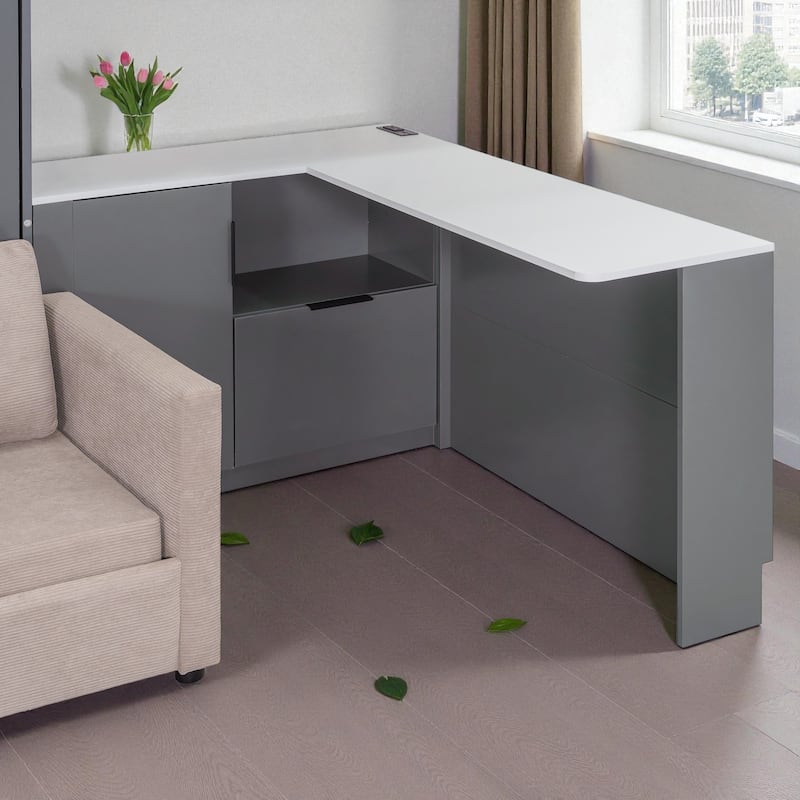 Queen Wall Murphy Bed with Hydraulic Lift Storage, Sofa, Shelves, Drawers, LED & USB Lighting for Small Spaces